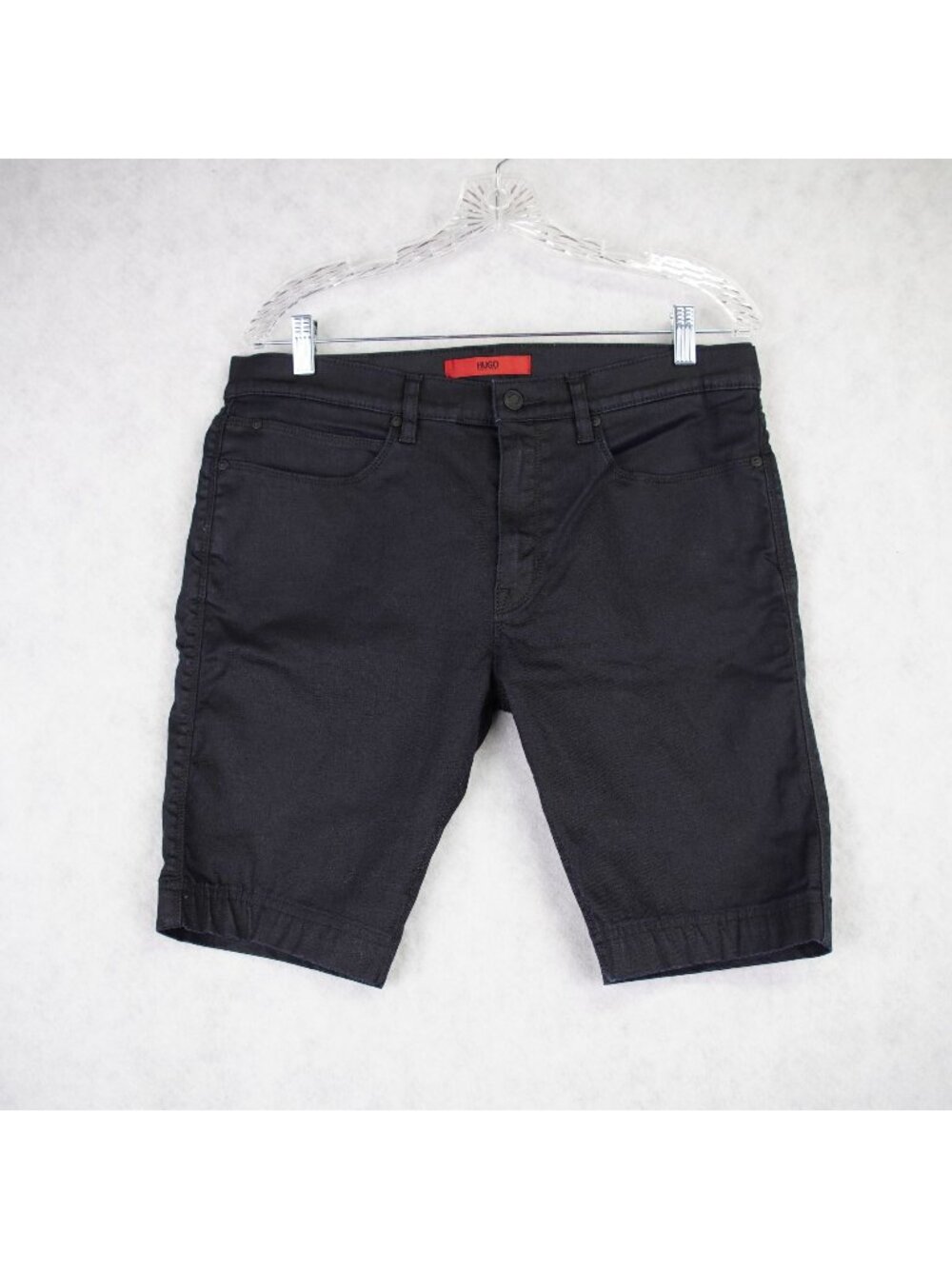 Hugo Boss Coated Black Denim Shorts Mens W34" 10" Inseam Skinny Stretch read